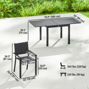 7 Piece Patio Dining Set for 6, Aluminum Expandable Outdoor Table and Stackable Chairs with Padded Back and Mesh Seats, Patio Furniture Dining Set for Garden, Black