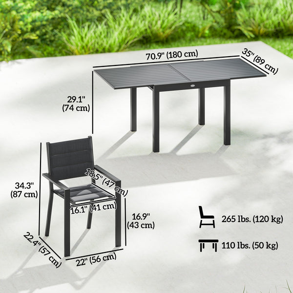 7 Piece Patio Dining Set for 6, Aluminum Expandable Outdoor Table and Stackable Chairs with Padded Back and Mesh Seats, Patio Furniture Dining Set for Garden, Black