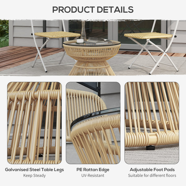 Rattan Outdoor Coffee Table, Patio End Table with Tempered Glass Tabletop & Steel Frame, Round Side Table Wicker Furniture for Backyard Lawn Balcony, Nature Wood