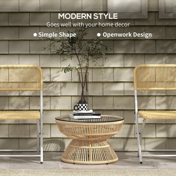 Rattan Outdoor Coffee Table, Patio End Table with Tempered Glass Tabletop & Steel Frame, Round Side Table Wicker Furniture for Backyard Lawn Balcony, Nature Wood