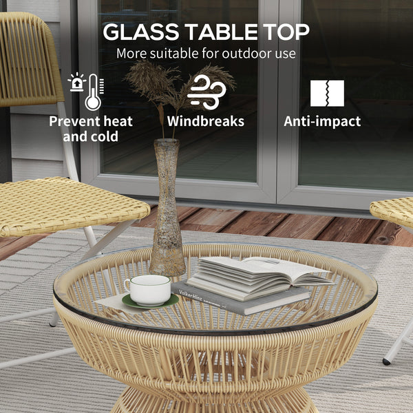 Rattan Outdoor Coffee Table, Patio End Table with Tempered Glass Tabletop & Steel Frame, Round Side Table Wicker Furniture for Backyard Lawn Balcony, Nature Wood