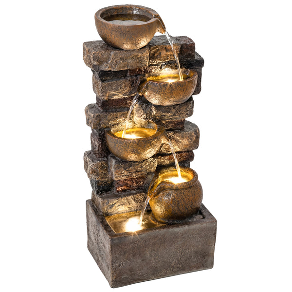 28" Outdoor Fountain with 5-Tier Rustic Jugs and Rock, Cascading Waterfall with LED Lights, Adjustable Flow, Resin Freestanding Garden Fountain for Garden Patio, Rustic Brown