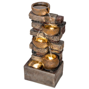 28" Outdoor Fountain with 5-Tier Rustic Jugs and Rock, Cascading Waterfall with LED Lights, Adjustable Flow, Resin Freestanding Garden Fountain for Garden Patio, Rustic Brown
