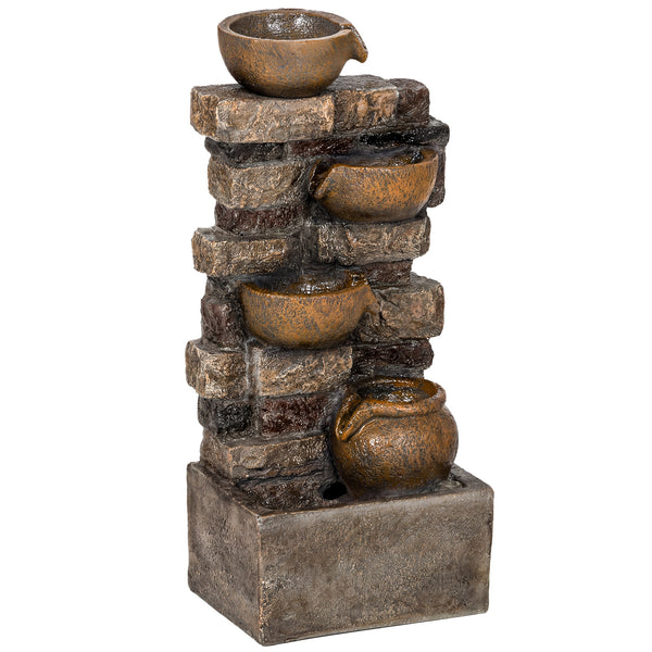 28" Outdoor Fountain with 5-Tier Rustic Jugs and Rock, Cascading Waterfall with LED Lights, Adjustable Flow, Resin Freestanding Garden Fountain for Garden Patio, Rustic Brown