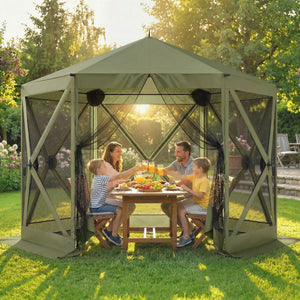 10 x 11 ft Pop Up Gazebo Screen Tent, Outdoor Portable Instant Camping Canopy Screen House Sun Shelter with Mesh Nettings, Carry Bag, Ground Stakes, Ropes for Patio, Backyard, Dark Green
