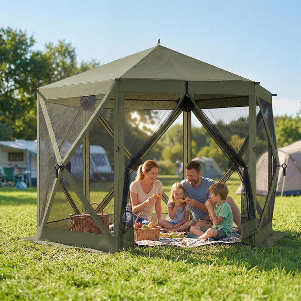 10 x 11 ft Pop Up Gazebo Screen Tent, Outdoor Portable Instant Camping Canopy Screen House Sun Shelter with Mesh Nettings, Carry Bag, Ground Stakes, Ropes for Patio, Backyard, Dark Green