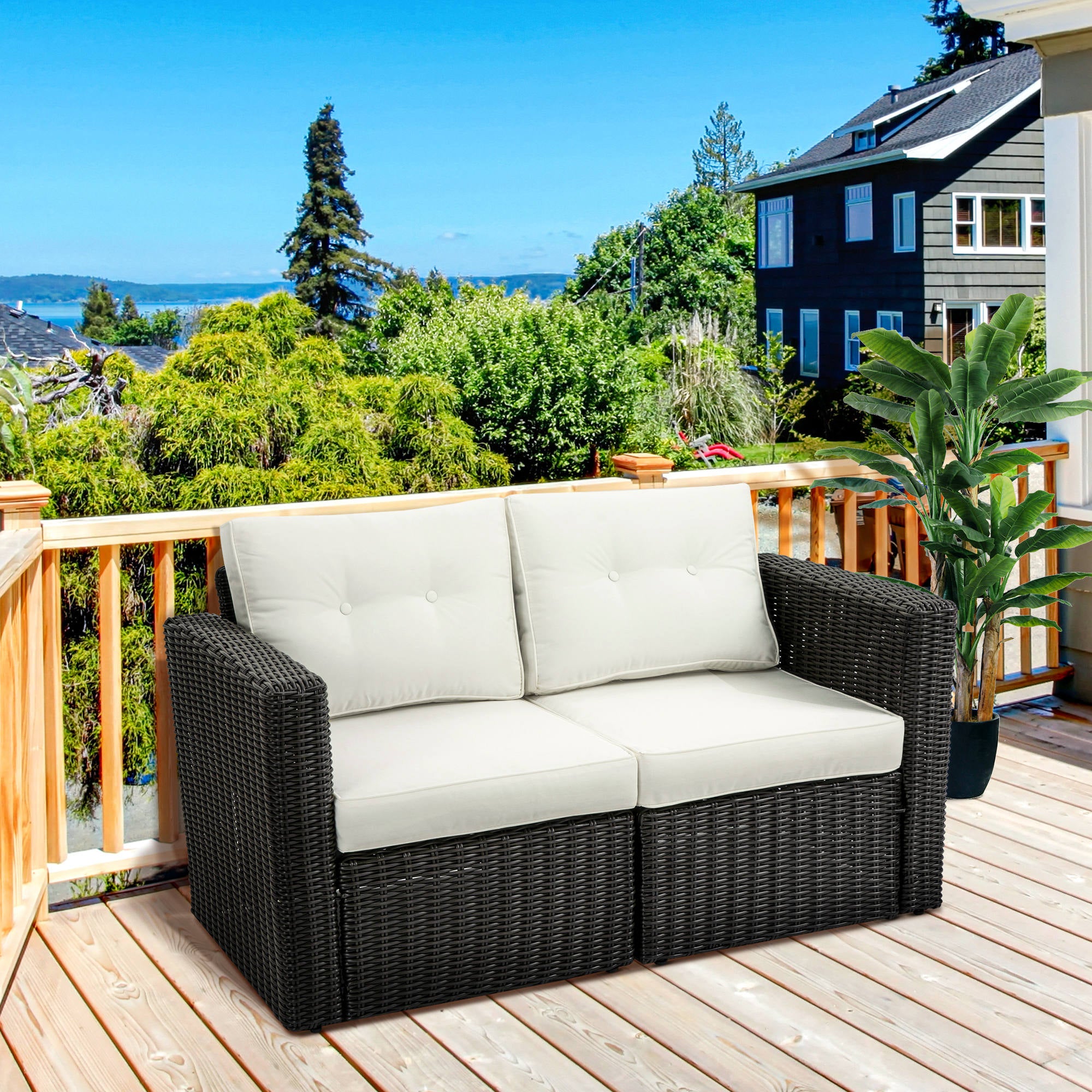 Outsunny 2-Piece Patio Corner Sofa Set with PE Rattan Padded