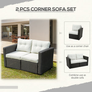 Outsunny 2 Piece Patio Wicker Corner Sofa Set, Outdoor PE Rattan Furniture, with Curved Armrests and Padded Cushions for Balcony, Garden, or Lawn, Lawn, Beige