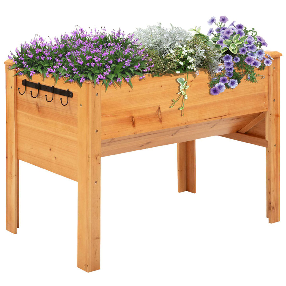 Raised Garden Bed with Hooks, 660lb Capacity Wood Elevated Planter Box with Water Draining and Liner, Funnel Design for Vegetable, Herbs, Flower, 48" x 24" x 32", Natural