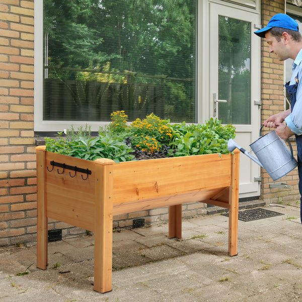 Raised Garden Bed with Hooks, 660lb Capacity Wood Elevated Planter Box with Water Draining and Liner, Funnel Design for Vegetable, Herbs, Flower, 48" x 24" x 32", Natural