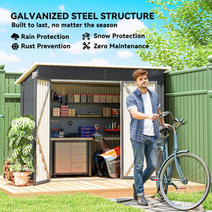 7.5' x 4.3' Outdoor Storage Shed, Waterproof Metal Garden Shed with Gloves, Lockable Doors, Vents and Pitched Roof for Backyard, Patio, Lawn, Poolside, Dark Grey