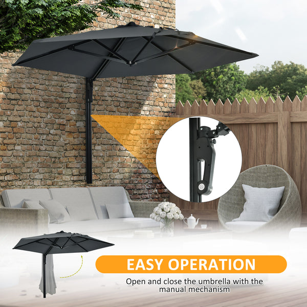 2.5m Wall Mounted Parasol, Hand to Push Outdoor Patio Umbrella with 180 Degree Rotatable Canopy for Porch, Deck, Garden, 250 cm, Dark Grey