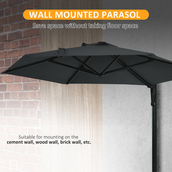 2.5m Wall Mounted Parasol, Hand to Push Outdoor Patio Umbrella with 180 Degree Rotatable Canopy for Porch, Deck, Garden, 250 cm, Dark Grey