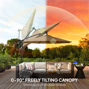 9.7 ft Cantilever Patio Umbrella with Solar LED Light, Cover, Round Offset Hanging Outdoor Umbrella Parasol with Tilt and Crank Handle, Khaki