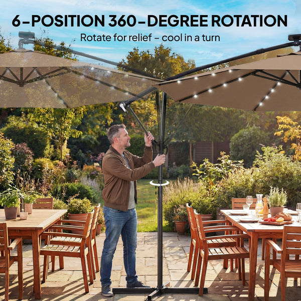 9.7 ft Cantilever Patio Umbrella with Solar LED Light, Cover, Round Offset Hanging Outdoor Umbrella Parasol with Tilt and Crank Handle, Khaki
