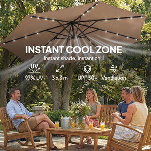 9.7 ft Cantilever Patio Umbrella with Solar LED Light, Cover, Round Offset Hanging Outdoor Umbrella Parasol with Tilt and Crank Handle, Khaki