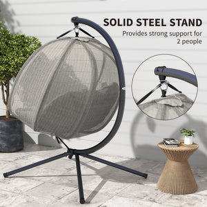 Double Egg Chair with Stand, 2 Person Hanging Swing Egg Chair Outdoor Indoor, 528 LBS Capacity Loveseat Hammock Swing with Cushion, Pockets, Khaki