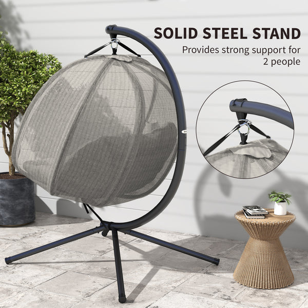 Double Egg Chair with Stand, 2 Person Hanging Swing Egg Chair Outdoor Indoor, 528 LBS Capacity Loveseat Hammock Swing with Cushion, Pockets, Khaki