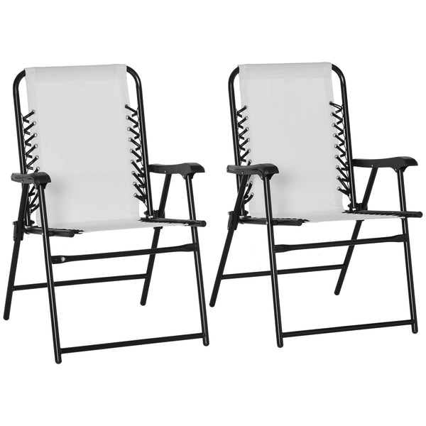 Outsunny Set of 2 Patio Folding Chairs, Outdoor Bungee Sling Chairs w/ Armrests, Portable Lawn Chairs for Camping, Garden, Pool, Beach, Backyard, Cream White