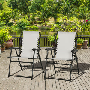 Outsunny Set of 2 Patio Folding Chairs, Outdoor Bungee Sling Chairs w/ Armrests, Portable Lawn Chairs for Camping, Garden, Pool, Beach, Backyard, Cream White