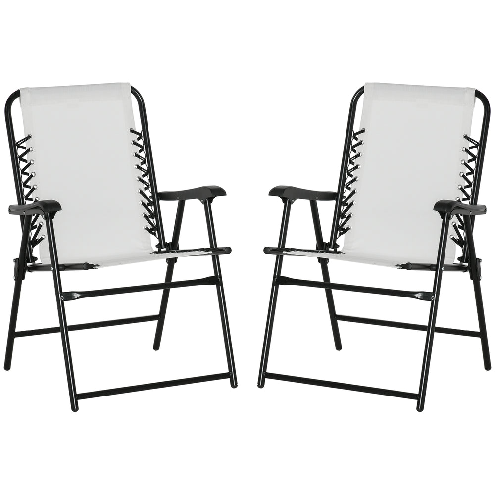 Outsunny Set of 2 Patio Folding Chairs, Outdoor Bungee Sling Chairs w/ Armrests, Portable Lawn Chairs for Camping, Garden, Pool, Beach, Backyard, Cream White