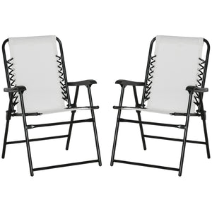 Outsunny Set of 2 Patio Folding Chairs, Outdoor Bungee Sling Chairs w/ Armrests, Portable Lawn Chairs for Camping, Garden, Pool, Beach, Backyard, Cream White