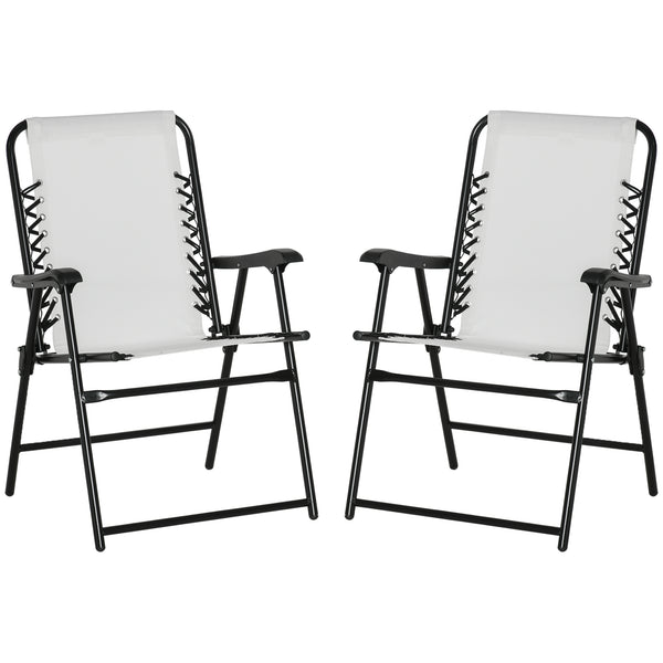 Outsunny Set of 2 Patio Folding Chairs, Outdoor Bungee Sling Chairs w/ Armrests, Portable Lawn Chairs for Camping, Garden, Pool, Beach, Backyard, Cream White