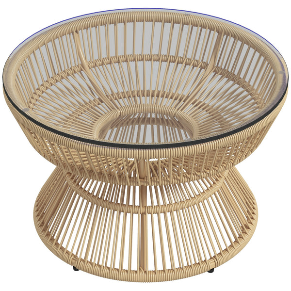 Rattan Outdoor Coffee Table, Patio End Table with Tempered Glass Tabletop & Steel Frame, Round Side Table Wicker Furniture for Backyard Lawn Balcony, Nature Wood