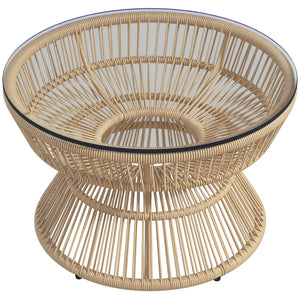Rattan Outdoor Coffee Table, Patio End Table with Tempered Glass Tabletop & Steel Frame, Round Side Table Wicker Furniture for Backyard Lawn Balcony, Nature Wood