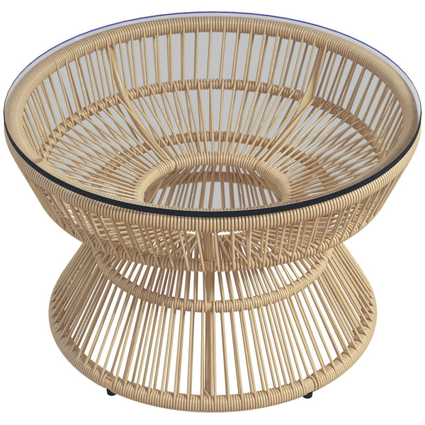 Rattan Outdoor Coffee Table, Patio End Table with Tempered Glass Tabletop & Steel Frame, Round Side Table Wicker Furniture for Backyard Lawn Balcony, Nature Wood