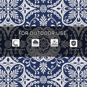 Outdoor Rug for Patio, 9' x 18' Waterproof Large Mat, Reversible Plastic Straw Rug for Decor, Portable Outside RV Camping Area Carpet Mat for Backyard Porch Deck Picnic, Blue & White Floral