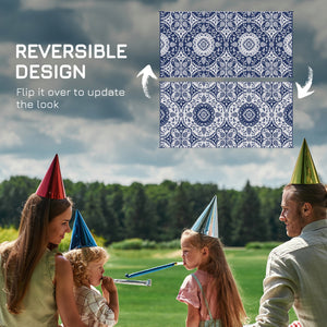 Outdoor Rug for Patio, 9' x 18' Waterproof Large Mat, Reversible Plastic Straw Rug for Decor, Portable Outside RV Camping Area Carpet Mat for Backyard Porch Deck Picnic, Blue & White Floral