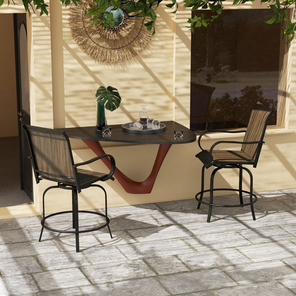 Outdoor Bar Stools Set of 2 with Armrests, 360° Swivel Bar Height Patio Chairs with Mesh Fabric, Steel Frame Dining Chairs, for Balcony, Poolside, Backyard, Tan