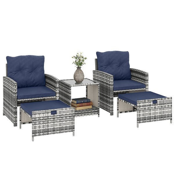 5 Piece Patio Furniture Set, Wicker Patio Chairs with Ottomans, 2-Tier Glass Coffee Table, Cushions, Outdoor Patio Furniture Conversation Set for Balcony, Grey/Dark Blue