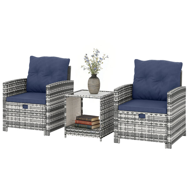 5 Piece Patio Furniture Set, Wicker Patio Chairs with Ottomans, 2-Tier Glass Coffee Table, Cushions, Outdoor Patio Furniture Conversation Set for Balcony, Grey/Dark Blue