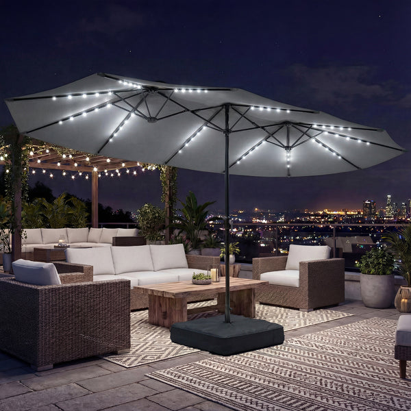 4.5m Garden Parasol Double Sided Umbrella with Base and Sandbags, 60 Solar Powered LED Lights, Patio Umbrella with Crank Handle, Ribs, Water Repellent, Grey