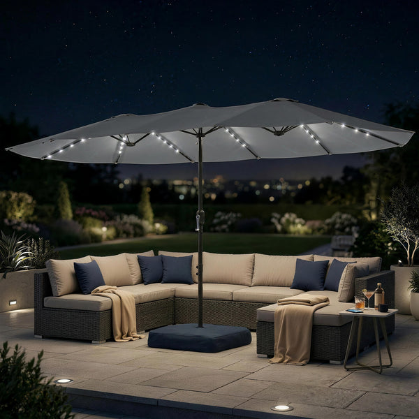 4.5m Garden Parasol Double Sided Umbrella with Base and Sandbags, 60 Solar Powered LED Lights, Patio Umbrella with Crank Handle, Ribs, Water Repellent, Grey