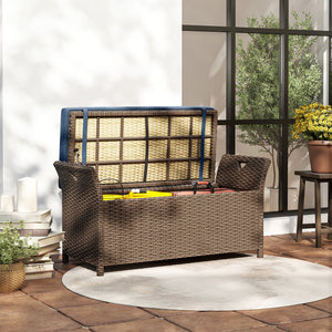 2-In-1 Patio Wicker Storage Bench, 29 Gallon Outdoor PE Rattan Patio Furniture, Large Capacity Rectangle Basket Box with Handles and Cushion, Navy Blue