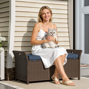 2-In-1 Patio Wicker Storage Bench, 29 Gallon Outdoor PE Rattan Patio Furniture, Large Capacity Rectangle Basket Box with Handles and Cushion, Navy Blue