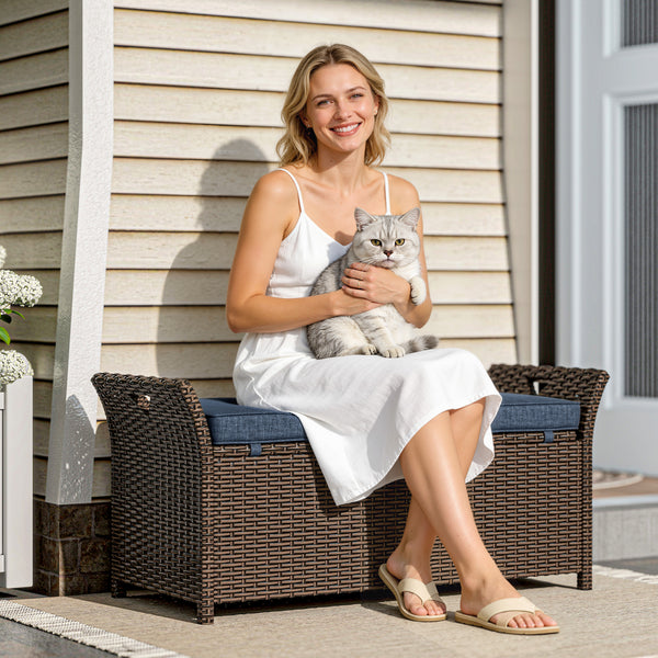 2-In-1 Patio Wicker Storage Bench, 29 Gallon Outdoor PE Rattan Patio Furniture, Large Capacity Rectangle Basket Box with Handles and Cushion, Navy Blue