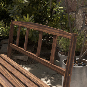 Outdoor Table and Chairs for 4 People, Wooden Patio Table and Dining Bench Set, 3 Piece All Weather Furniture Set with Wagon Wheel Design for Backyard Garden, Deck, Carbonized