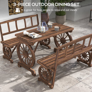 Outdoor Table and Chairs for 4 People, Wooden Patio Table and Dining Bench Set, 3 Piece All Weather Furniture Set with Wagon Wheel Design for Backyard Garden, Deck, Carbonized