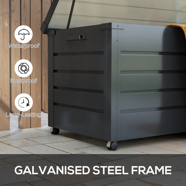 82 Gallon Garden Storage Box, Waterproof Outdoor Storage Container with Wheels and Handles, Lockable Galvanised Steel Outside Deck Box for Tools, Cushions, Dark Grey