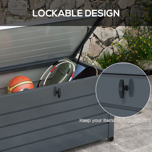 82 Gallon Garden Storage Box, Waterproof Outdoor Storage Container with Wheels and Handles, Lockable Galvanised Steel Outside Deck Box for Tools, Cushions, Dark Grey