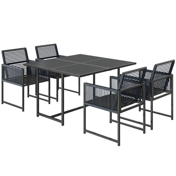 5 Pieces Garden Dining Set, Outdoor Patio Cube Set, 4 Seater Outdoor Table and Chairs with Foldable Backrest, Tempered Glass Top, Space-Saving, Dark Grey