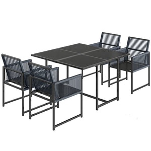 5 Pieces Garden Dining Set, Outdoor Patio Cube Set, 4 Seater Outdoor Table and Chairs with Foldable Backrest, Tempered Glass Top, Space-Saving, Dark Grey