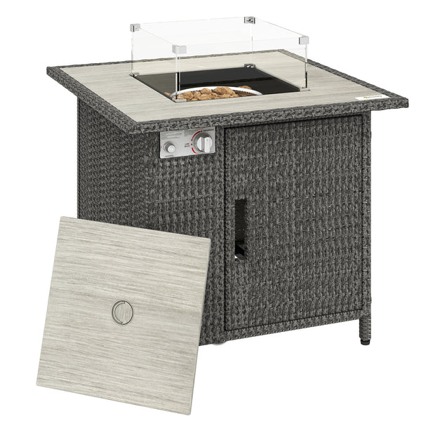 Rattan Gas Fire Pit Table, 14.5 KW Square Smokeless Propane Gas Fire Pit with Rain Cover, Wind Guard, Lid, Spark Guard Mesh, Lava Rocks, Outdoor Garden Coffee Table with Heater, Dark Grey