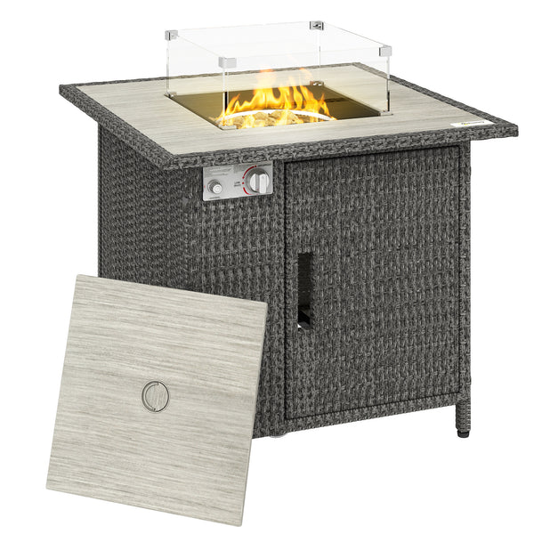 Rattan Gas Fire Pit Table, 14.5 KW Square Smokeless Propane Gas Fire Pit with Rain Cover, Wind Guard, Lid, Spark Guard Mesh, Lava Rocks, Outdoor Garden Coffee Table with Heater, Dark Grey