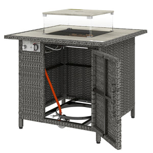 Rattan Gas Fire Pit Table, 14.5 KW Square Smokeless Propane Gas Fire Pit with Rain Cover, Wind Guard, Lid, Spark Guard Mesh, Lava Rocks, Outdoor Garden Coffee Table with Heater, Dark Grey