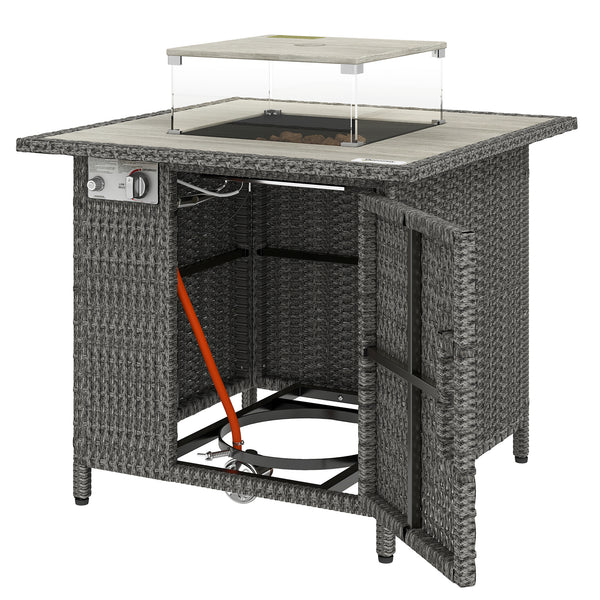 Rattan Gas Fire Pit Table, 14.5 KW Square Smokeless Propane Gas Fire Pit with Rain Cover, Wind Guard, Lid, Spark Guard Mesh, Lava Rocks, Outdoor Garden Coffee Table with Heater, Dark Grey
